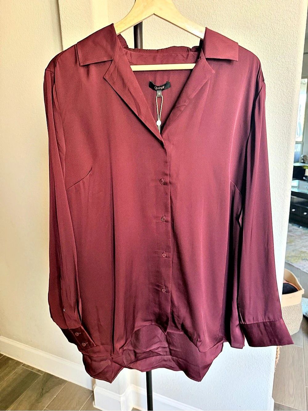 Quince Washable Stretch Silk Notch Collar Blouse Wine Tasting Red Burgundy 1X
